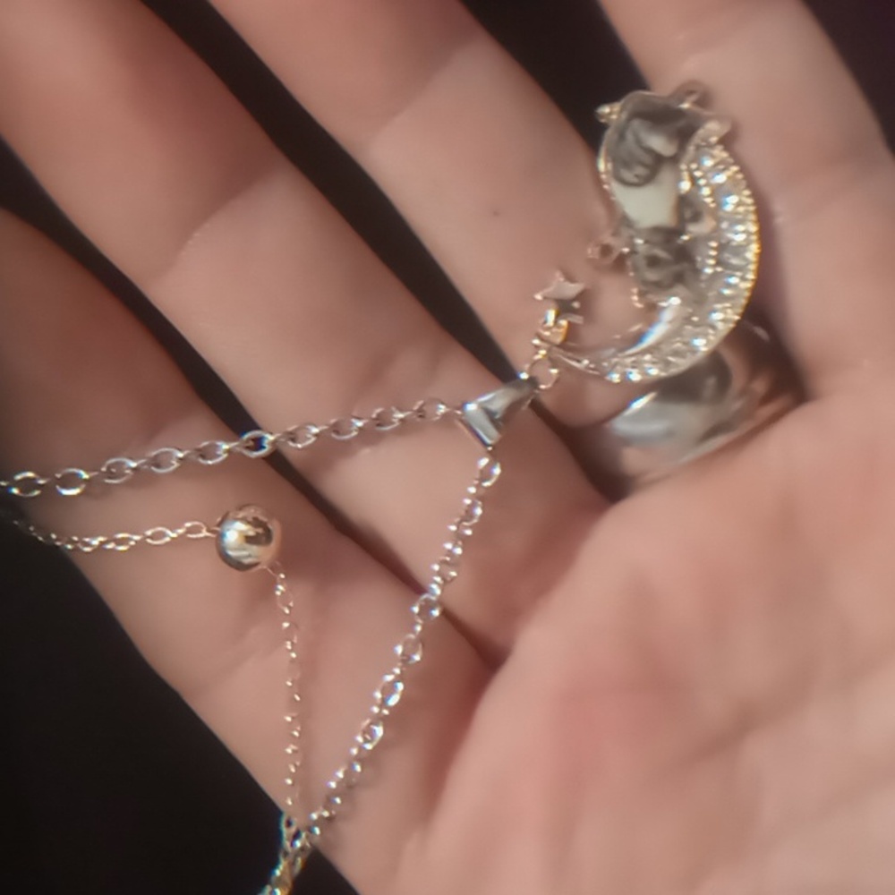 Cat in the moon Silver & gold Moon and Star Pendant Necklace layered